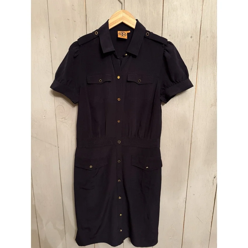 Tory Burch Silk Gennifer Military Shirt Dress 8 Navy Blue Gold Buttons Nautical